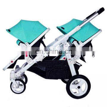 High landscape Aluminum Frame Folding Double Pram Two Baskets Baby Carriage