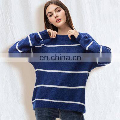 Women Oversized Crew Neck Plain Knit Loose Pullover Merino Wool Striped Sweater Top photo-2