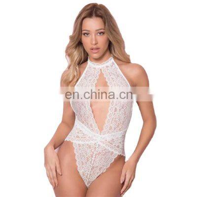 2021 New Sexy Fashion Underwear Women's Lace Hollow Perspective V-ne Halter Bodysuit Sexy Underwear Women