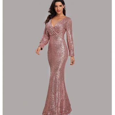 Womens Sexy Long Sleeve V Neck Embroidered Shining Sequins Evening Maxi Dress photo-2