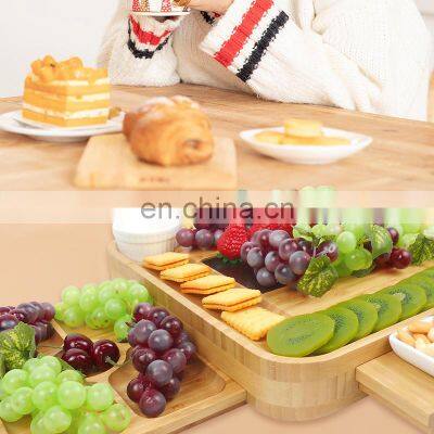 Bamboo Cheese Charcuterie Serving Tray Marble Platters Board With 3 Drawers photo-4