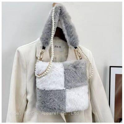 038New Style Plush Bag Splicing Elements Pearl Strap Shoulder Straddle Handbag for Women