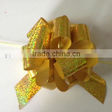 pompom bow/pull ribbon bow made of holographic ribbon for chiristmas party