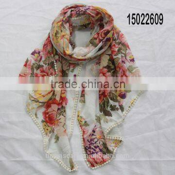 European Fashion Design Large Flower Printed Long Scarf w Floral Margin Women Summer Scarves