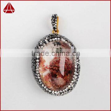Oval natural phantom quartz with zircon pendant bead, rock phantom quartz crystal tumbled stone, rock crystal jewelry