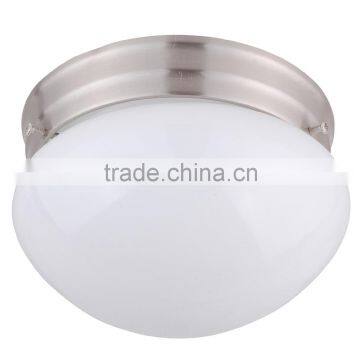 1 light ceiling flushmount light(Lampara de techo) in satin steel finish with 8" white glass bowl