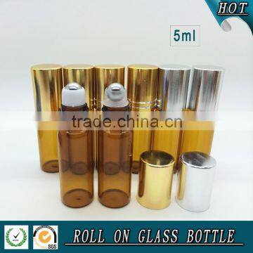 5ML amber glass roll on bottle with gold cap and metal roller ball