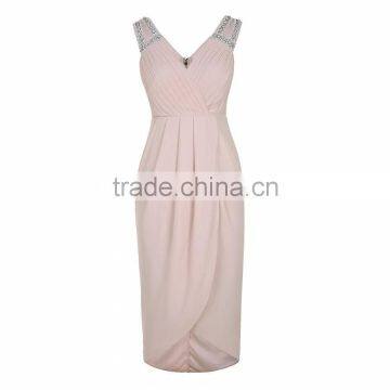 Fancy design v-neck beading shoulder bodycon party dress women one-piece dress
