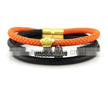 Orange and black leather cord braided sheepskin bangle stainless steel buckle bracelet