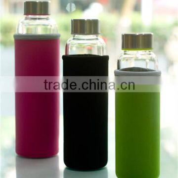 300ml/400ml/550ml eco-friendly glass sport water bottleswith sleeve and stainless steel lid ,glass jars
