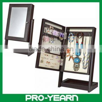 Mini Floor Standing Mirrored Jewelry Cabinet Chinese Wooden Furniture with two L Shape Supports and one Base and Classic Designs