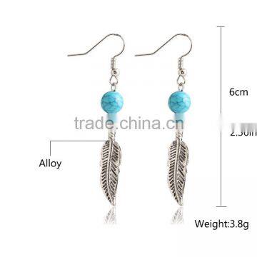 Fashion Pendant Silver Engraved Feather Real Natural Turquoise Bead Fishook Earring For Women