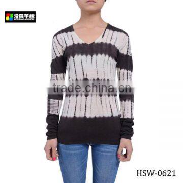 Women Tie Dye Wool Cashmere Sweater Knitted Pullover, Women White-Brown Knitted Striped Pullover