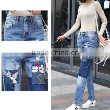 2017 Summer Latest Mid Waist Straight Leg Loose Denim Jeans Embroidery Patches Casual Denim Pant for Women photo-4