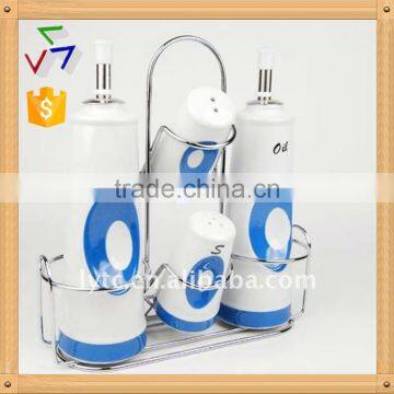 4PCS ceramic salt & oil vinegar bottle with metal stand,ceramic spice jar, ceramic seasoning pot