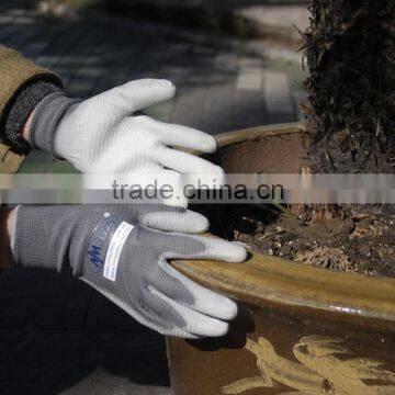 NMSAFETY PU gloves grey nylon liner coted white PU working gloves good grip in dry enviroment