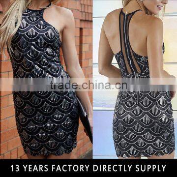 Newest Black fish cut bodycon sequin dress 2016 backless girl sexy image of scales midi dress