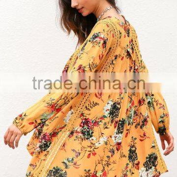 2017 Hot Sell Vintage Flower Print Lace Summer Boho Dress Women Long Lantern Sleeve Loose Short Dress Women photo-2