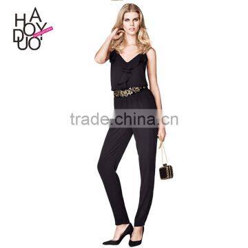 HAODUOYI Ruffles V-neck High Waist Playsuits Women Elastic Waist Playsuits Romper Jumpsuit
