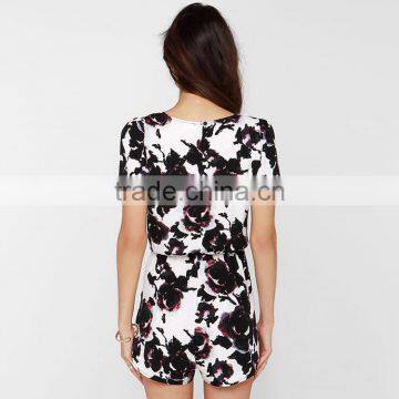 HAODUOYI Women Multi Rose Print Sexy Deep V Neck Puff Sleeve Wrap Romper photo-2