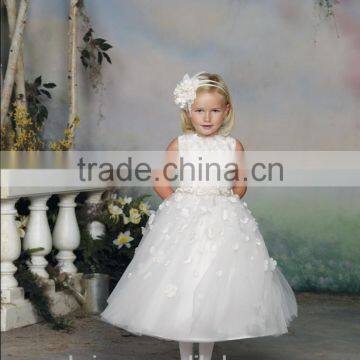White Flowers High Neck Gown Kids Party Wear Dresses for Girls photo-2