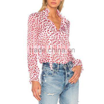 Polka Dot Printed Tie Neck Long Sleeve Women's Viscose Chiffon Shirt photo-4