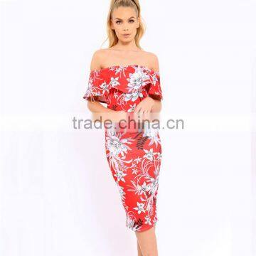 Best Sell Women Clothing off the Shoulder Floral Bodycon Midi Dresses photo-4