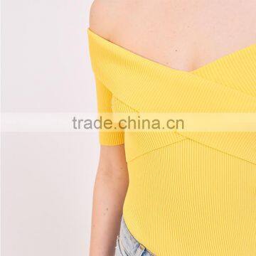 Elasticated Knit Crossover Shape V-neck Short Sleeves Strapless Tank photo-5
