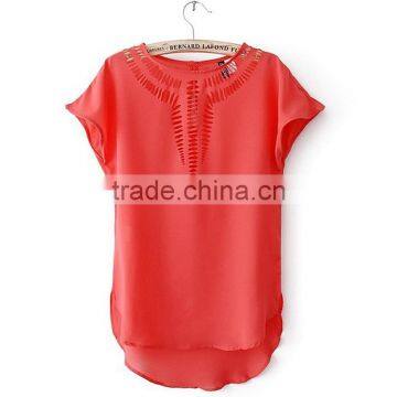 New Women Short Sleeve Short Front Long Back Plain Blouse photo-3
