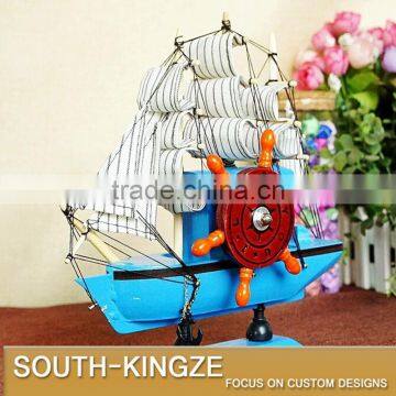 Navy Marine Blue/Yellow Color Wood Sailing Boat Display Model photo-3