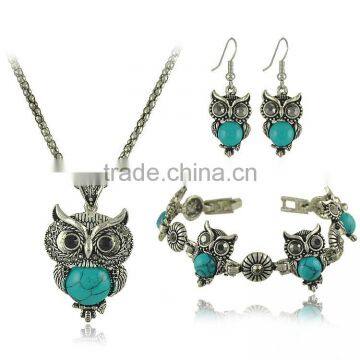 Top Green Red Blue Turquoise CZ Owl Necklace Bracelet Earrings Vintage Silver Jewelry Set