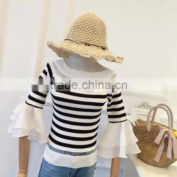 B22664A Elegant Ladies horn sleeve gauze stripe knit T-shirt