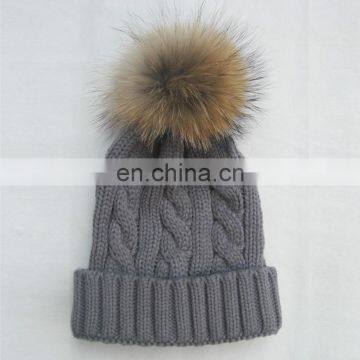 Knitted cable hats for men women with genuine raccoon fur poms