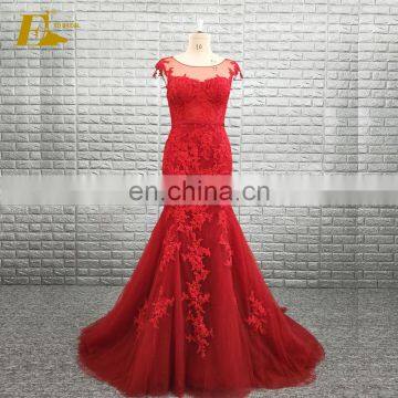 Latest Design Formal Cap Sleeve Appliques Mermaid Patterns Red Evening Gown