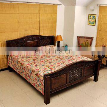 Bird Print Kantha Quilt Beige Bird of Paradise Kantha Bedcover photo-1