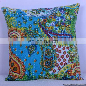 Indian Cotton Handmade Turquoise Paisley Kantha Cushion Cover Kantha Throw Pillow Cover Hande Quilted Decorative Cushion Cover