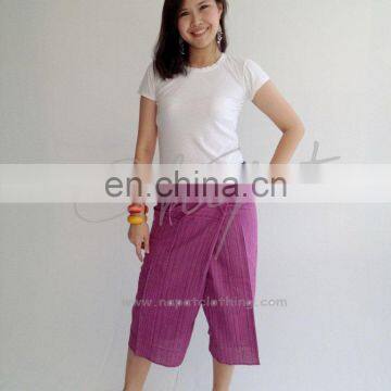 100% Thai Cotton Fisherman Pants Massage Pink Short Wrap Trouser with Thai Pattern Rim