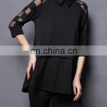 2016 Spring Summer Fashion Lady Three Quarter Sleeve Loose Lace Stitching Blouse Black Women Apparel for Work