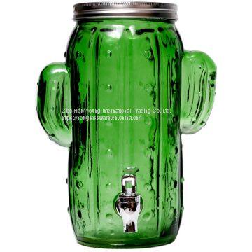 4L GREEN CACTUS GLASS BEVERAGE DISPENSER WITH  LID AND TAP