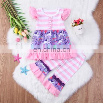 Wholesale Kids Clothing Sets Short Sleeve Stripe Ruffle Kids Girl Outfits