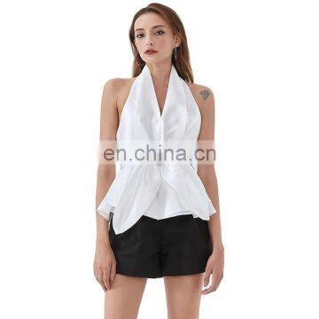 TWOTWINSTYLE Women Shirt Halter Sleeveless Backless Short Blouse Patchwork Bowknot Slim photo-2