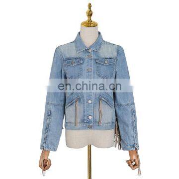 TWOTWINSTYLE Denim casual Tassel Long Sleeve Zipper Bomber Jackets Jeans Coat for Women