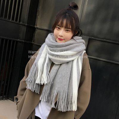 Scarf female autumn and winter models rainbow striped scarf student cute Korean version of wild thickened warm cashmere knitting wool