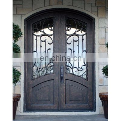 Arch round top residential cheap steel double wrought iron entry doors