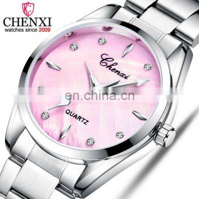 CHENXI 006T Simple Stylish Women Quartz Watch Stainless Steel Rhinestone Shell Dial Clock Ladies Luxury Fashion Wristwatch