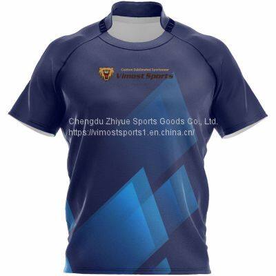 Custom Sublimation Purple and Blue Rugby Jersey with Short Sleeves