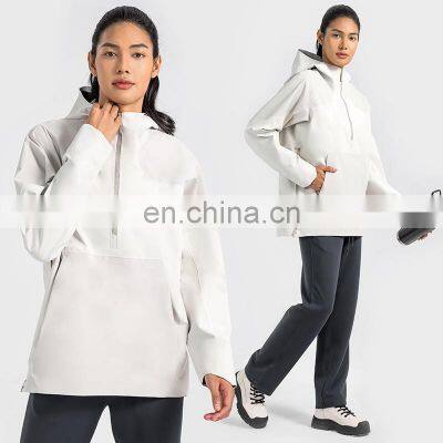 High Quality Women Half Zip Front Pocket Hooded Jackets Windbreaker Waterproof Gym Clothing Outdoor Running Hiking Pullover Tops photo-4