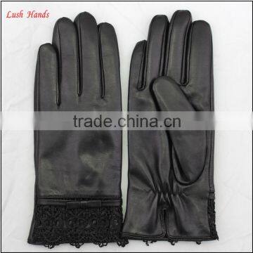 Ladies Sheepskin Leather Hand Gloves With Lace Black photo-2