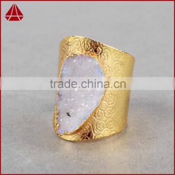 Golden Hammered Wide Druzy Ring Cocktail Ring Adjustable Band Gemstone Ring With Stone photo-4