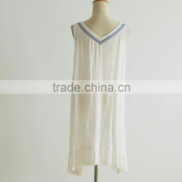 Latest Design Rayon Pleated Sleeveless Embroider Women Casual One Piece Dress